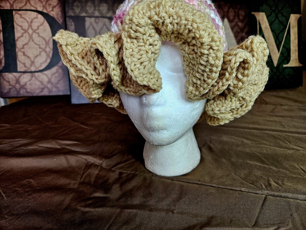 Handmade Crocheted Hat Pink Beige Ruffled Brim