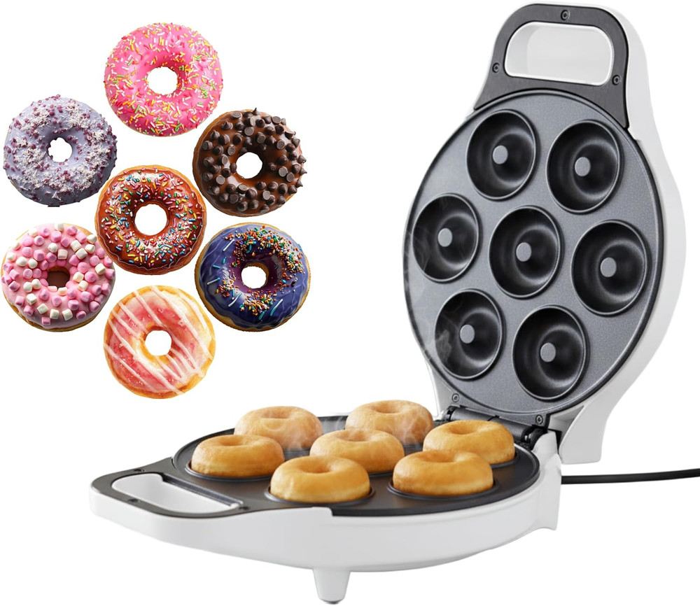 Mini Donut Maker, Durable, Nonstick Easy to Use Mini Baking Machine - Cooks 7 Mi