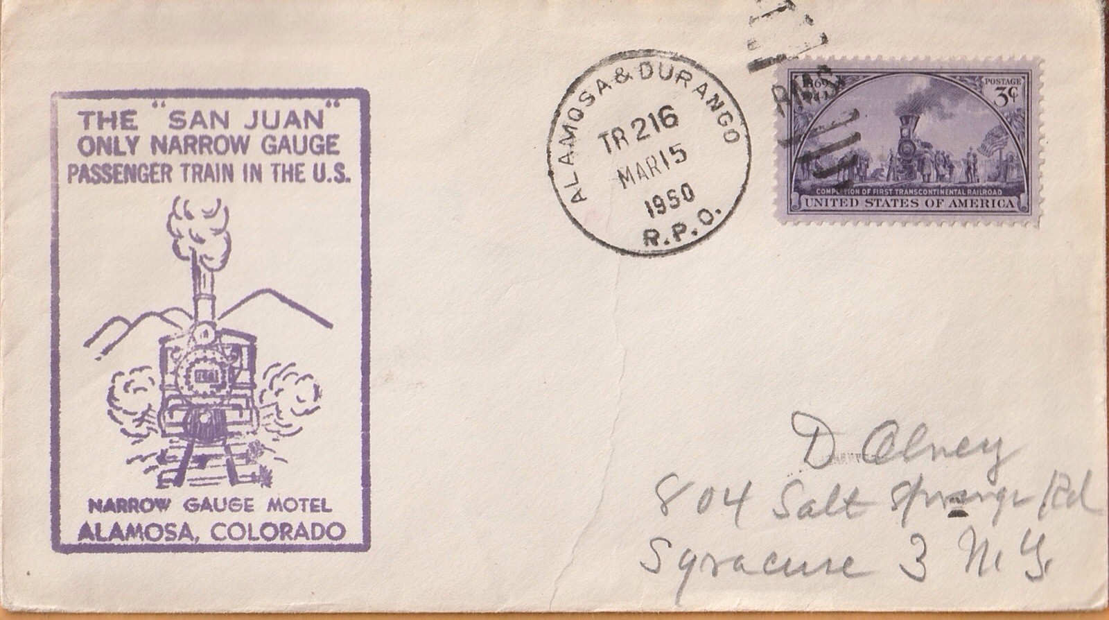 1950 D&RGW RIO GRANDE ALAMOSA & DURANGO RPO COVER ENVELOPE