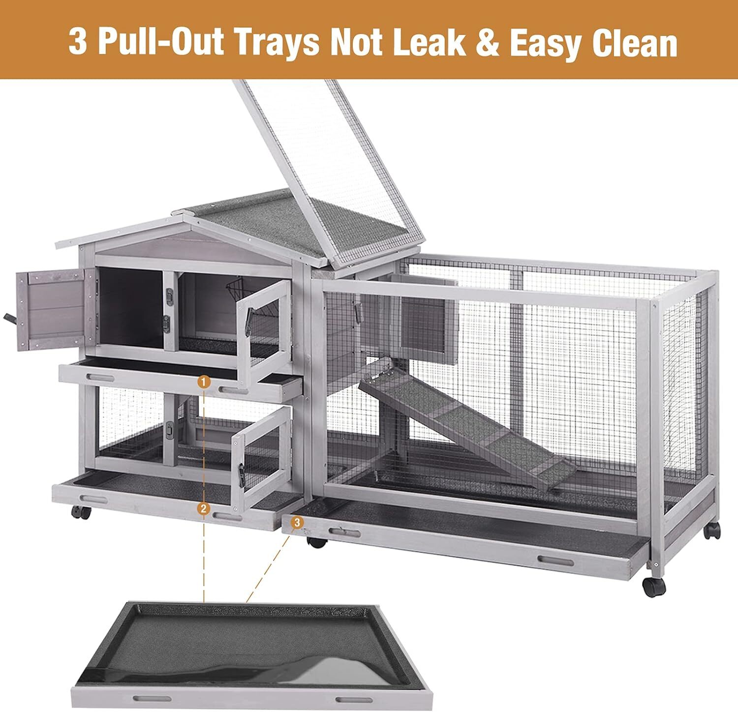 Rabbit Hutch Bunny Cage Rabbit Cage with Waterproof Roof & Tray Indoor & Outdoor