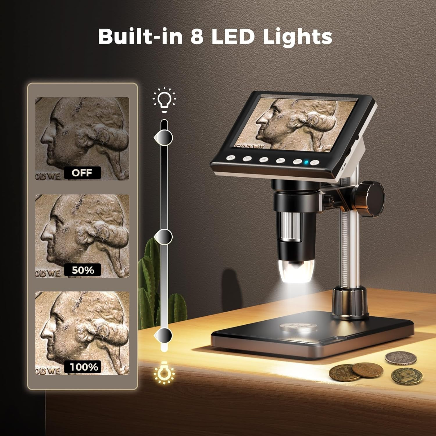 4.3 Inch LCD Digital Coin Microscope, 1000X USB Magnifier with 8 Adjustable LED