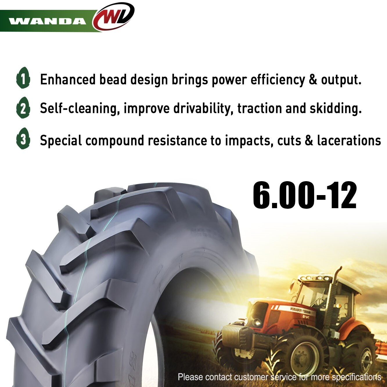 Set of 2 WANDA 6.00-12 Agricultural Farm Tractor Tire R-1 Pattern 6Ply 6.00x12