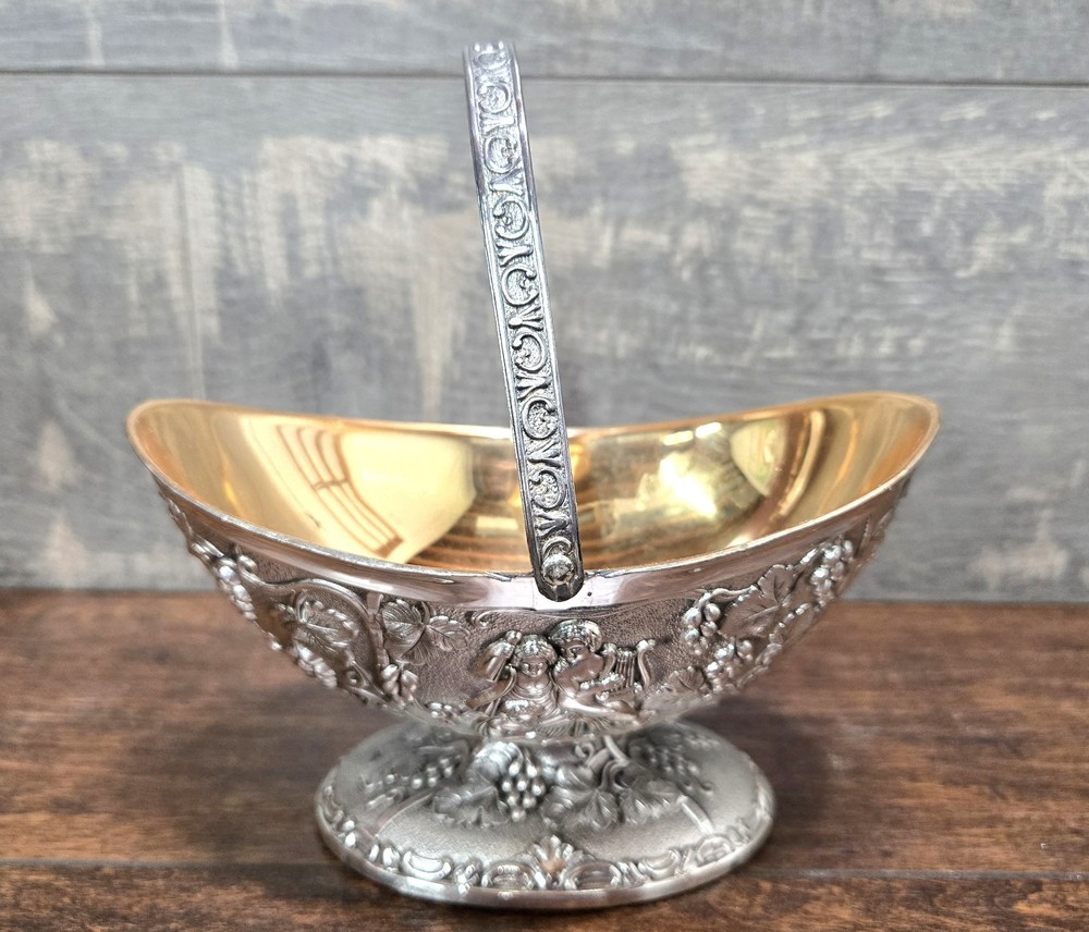 Vtg Corbell & Co Silver & Gold-Plated Oval Dish w Handle and Spoon