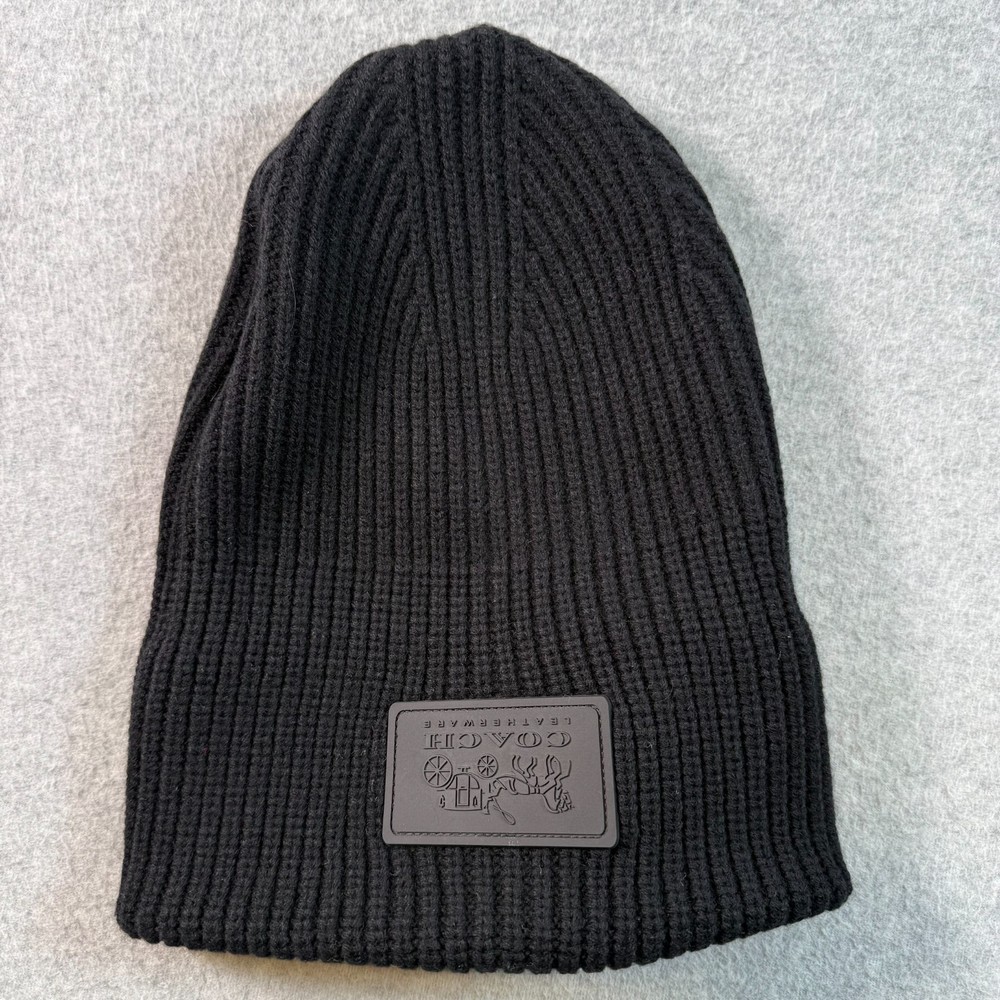 Coach Black Wool Knit Beanie Hat Womens Logo Patch Classic Solid One Size NWT