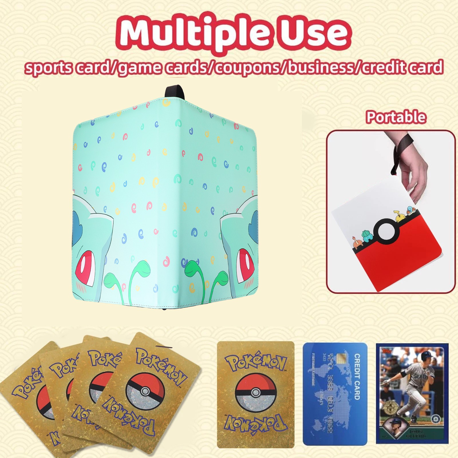 900 Cards Pocket Binder 9 Pocket Game Sport Trading Card Album Folder -Bulbasaur