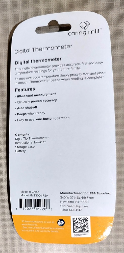 Caring Mill Digital Thermometer 1 Button Control With Battery - Beeps - New