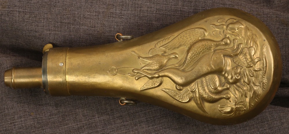 Hanging dead game embossed powder flask
