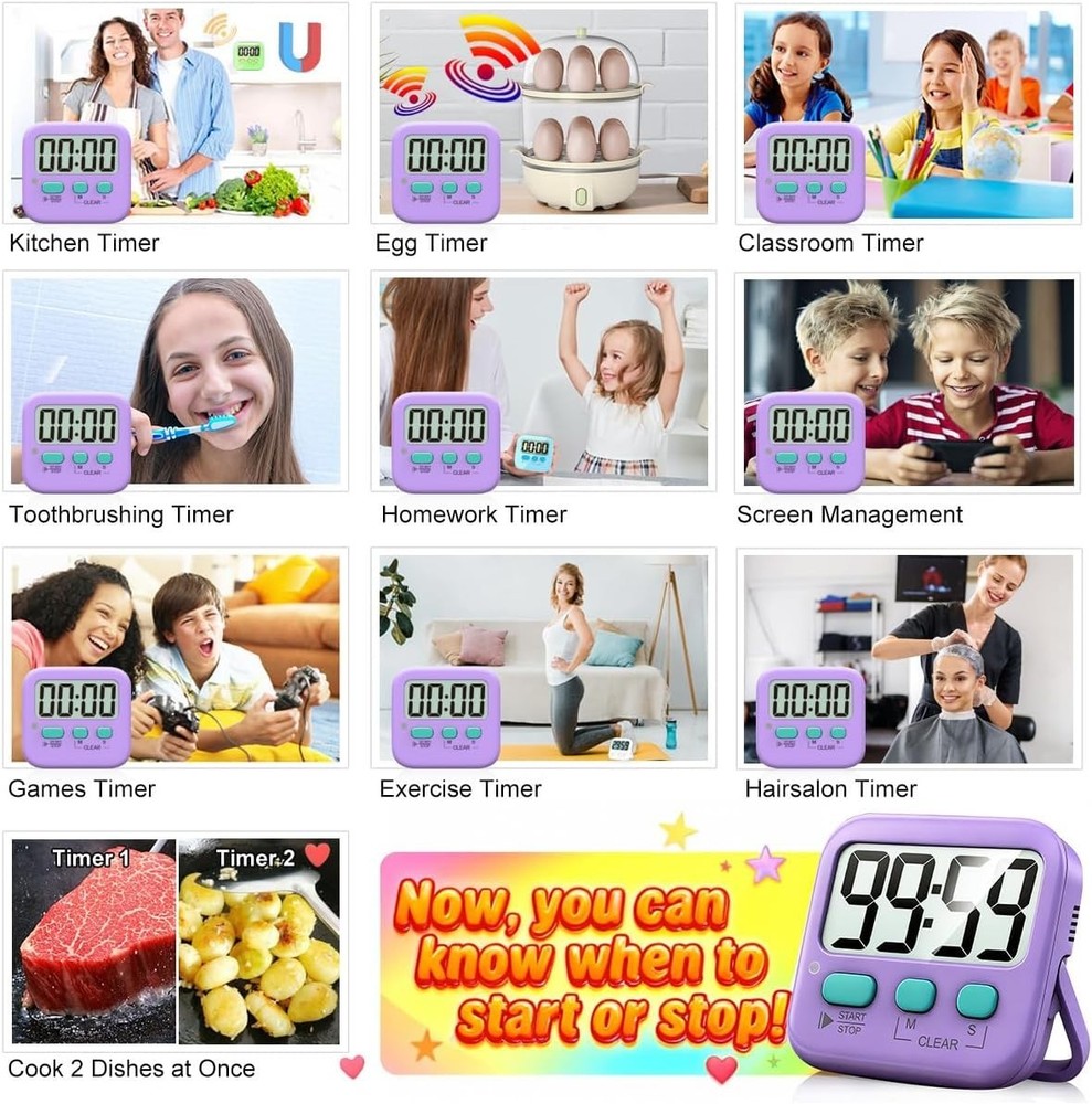 2 Pack Digital Countdown Timers - Loud & Silent Modes for Kitchen & Classroom