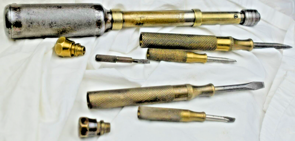 Yankee no. 41 push hand drill w/2brass Nesting screwdrivers