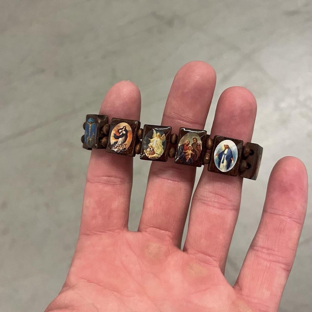 Wooden Jesus Virgin Mary Bracelet Saints Rosary Stretch Adjustable