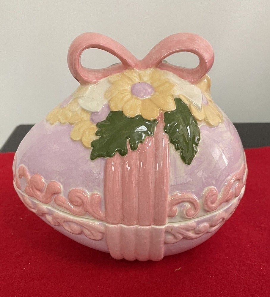 2 Piece Easter Egg Trinket Holder w/Bow Ceramic