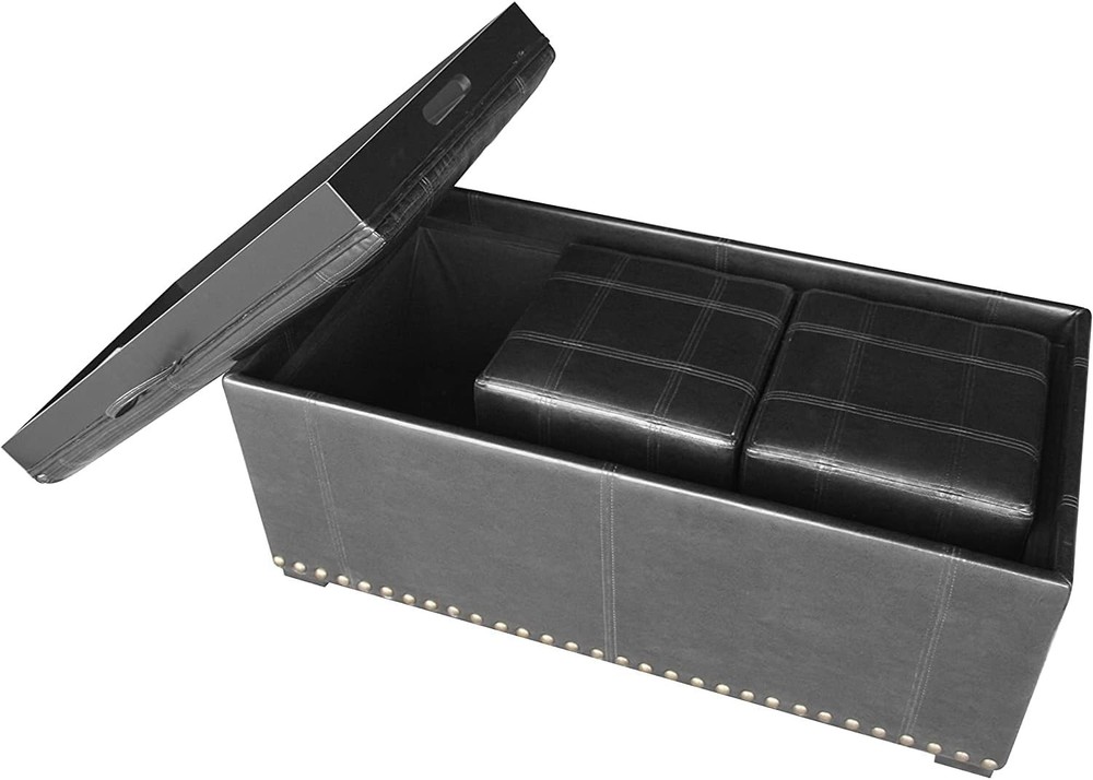Leather Storage Bench with 2 Side Ottomans Convertible Table Black