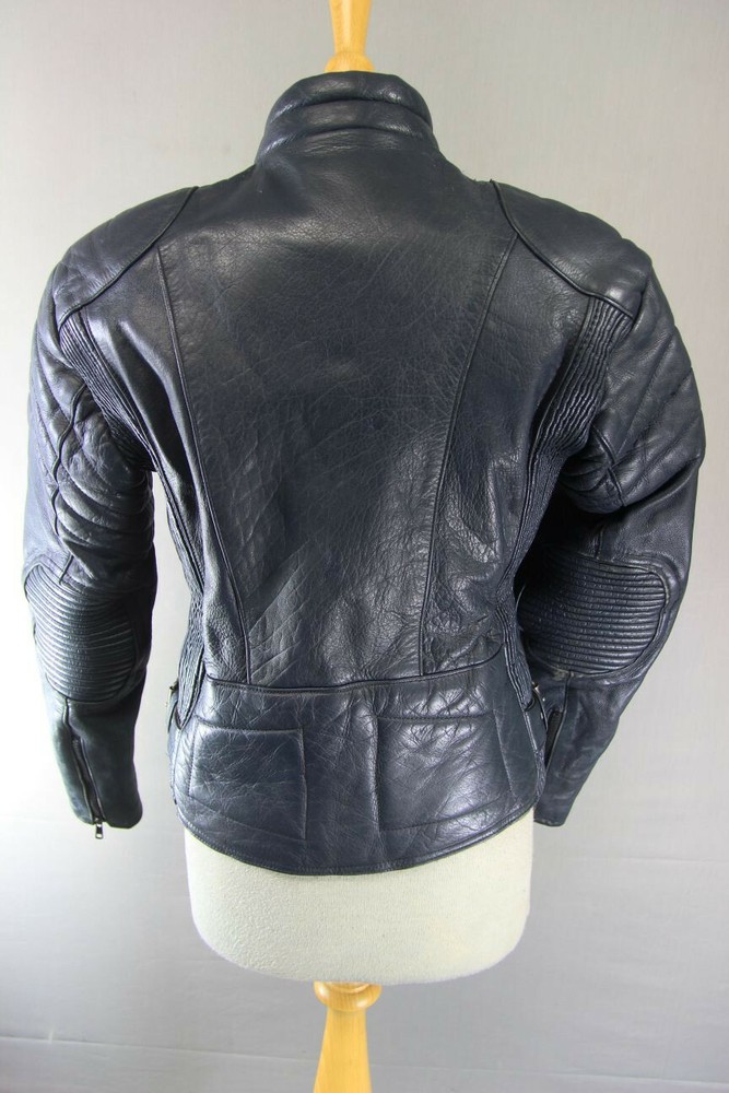 CLASSIC DARK BLUE LEATHER BIKER JACKET SIZE 12