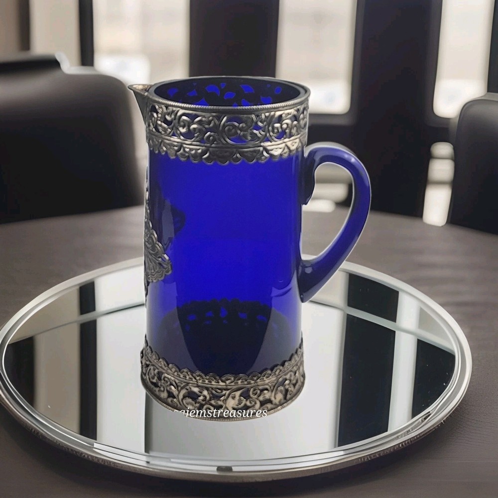 Cobalt Blue Pitcher with Silver Toned Filigree