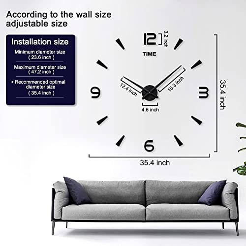 Large DIY Wall Clock Kit, 3D Frameless Wall Clock with Mirror Number Black