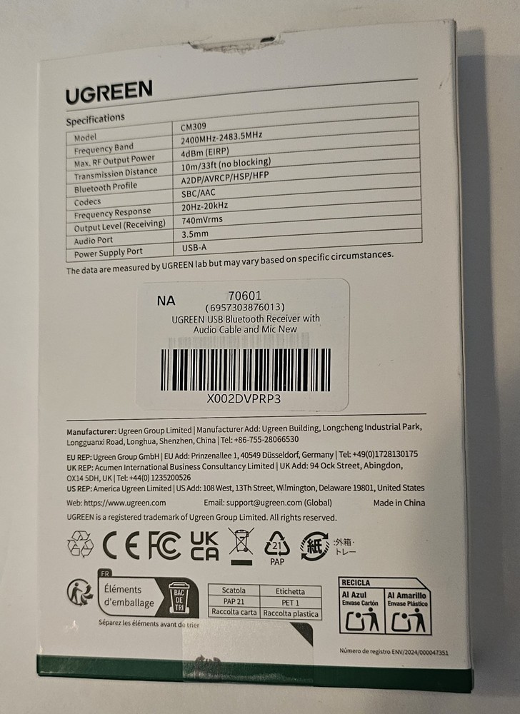 Ugreen CM309 Bluetooth Audio Receiver V5.0 Adapter (Brand New Unopened)