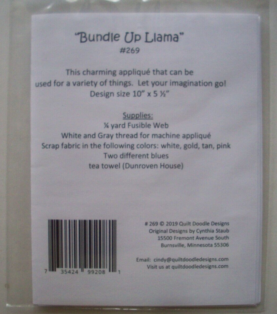 Bundle Up Llama in scarf and hat applique quilt pattern *A7