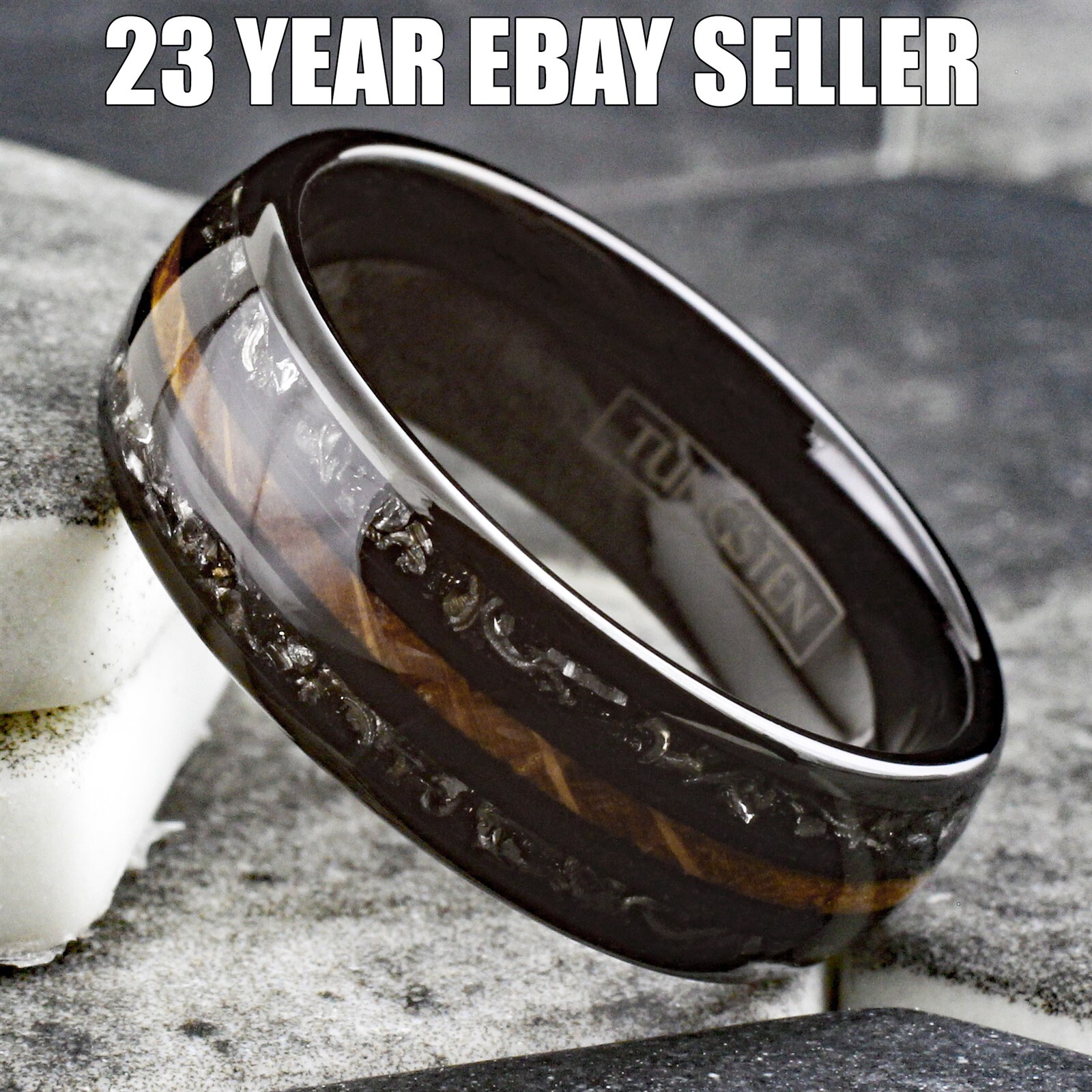 Black Tungsten Carbide Men's Ring Whiskey Barrel Wood & Meteorite Wedding Band