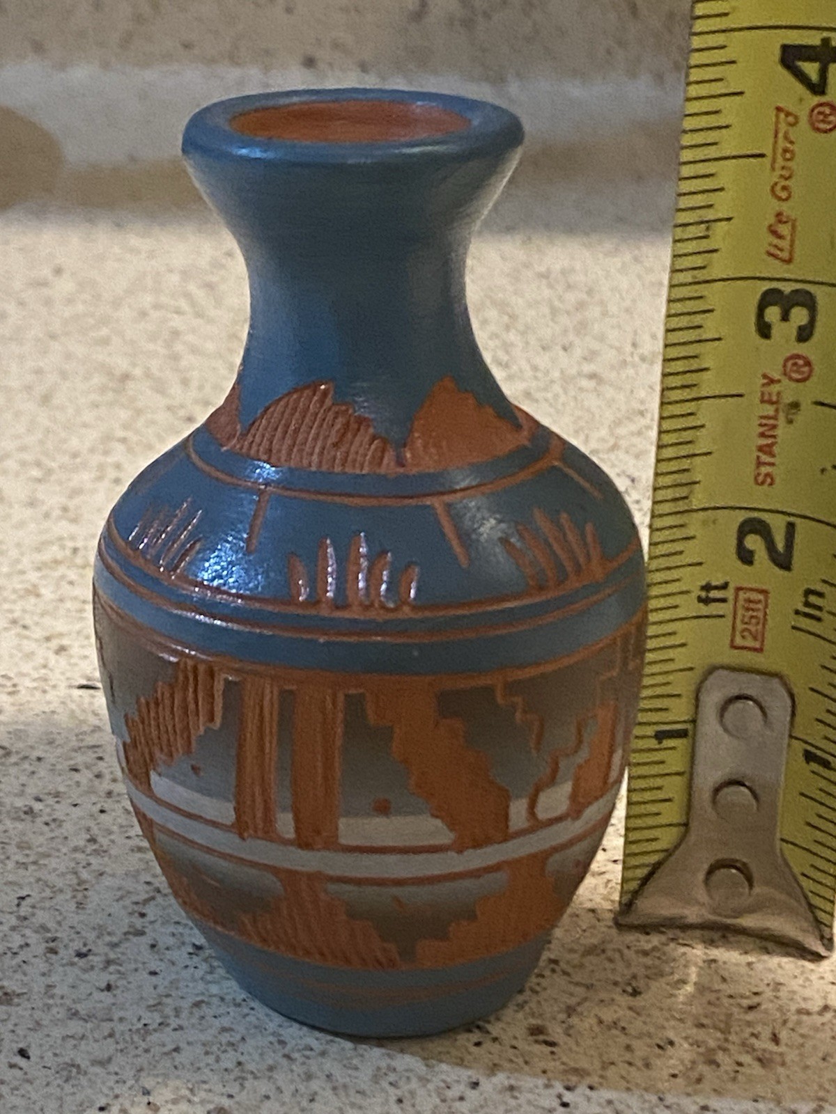 Signed Navajo Miniature Red Clay With Blue Overlay Etched Pottery Vase 4”