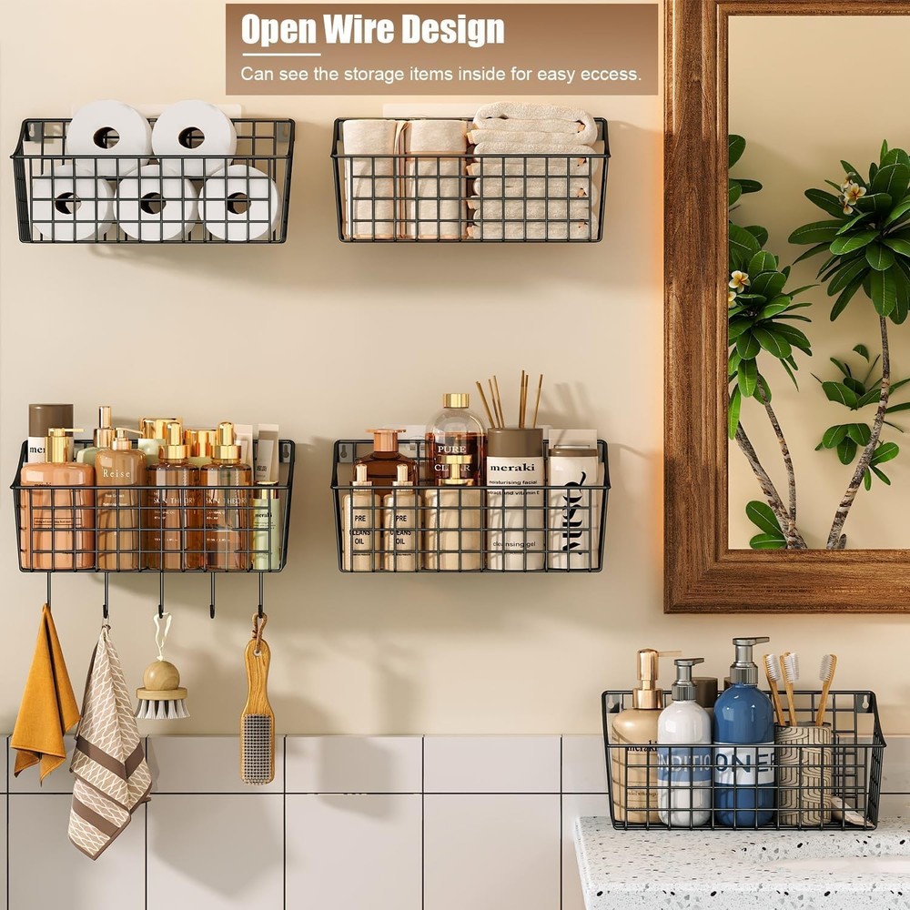 4-Pack Hanging Wall Baskets with Hooks - Pantry & Kitchen Organization Set