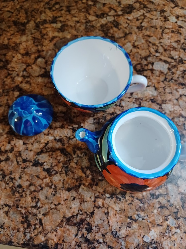 Italy Stone Ware 3 Piece Tea Set Hand Painted Ceramic