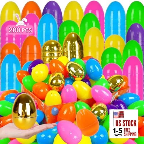 Large Fillable Plastic Easter Eggs with 6 Golden Eggs, Empty Bright 200 PCS 3"