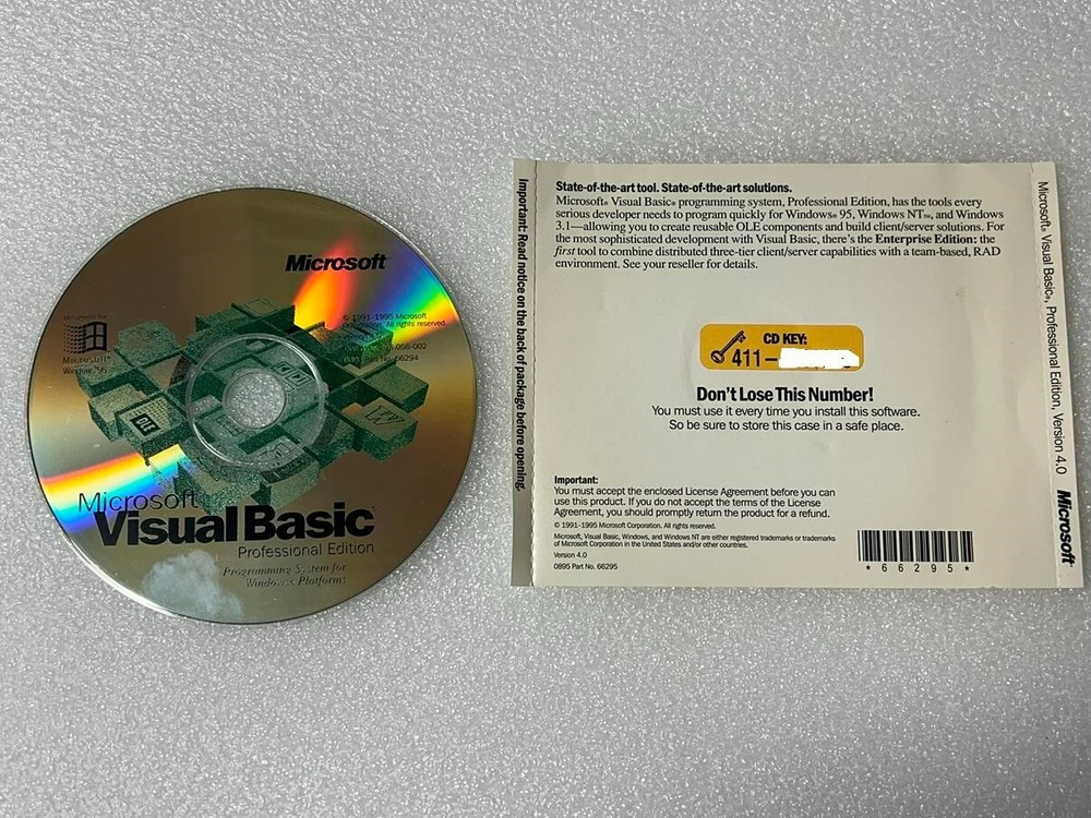 MICROSOFT Visual Basic 4.0 Professional Edition Disc W/CD KEY Windows PC 95 NT 3