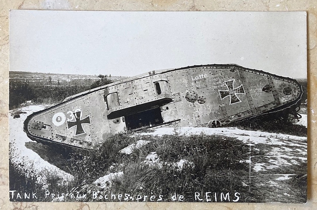 WW1 GERMAN (BRITSH ARMY MARK IV TANK) NAMED "LOTTE" JUN. 1918 PHOTO POSTCARD
