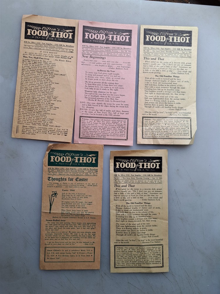 FIVE Clifton's Food For Thot Leaflets 1944 - From California Cafeteria