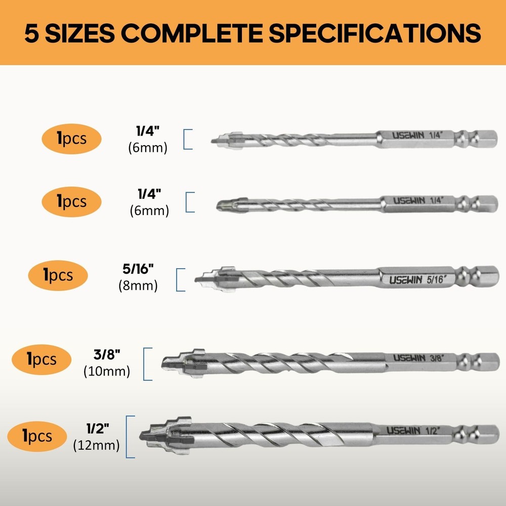 5 Pack Professional Masonry Drill Bit Set, Concrete Drill Bits, 1/4" to 1/2" ...