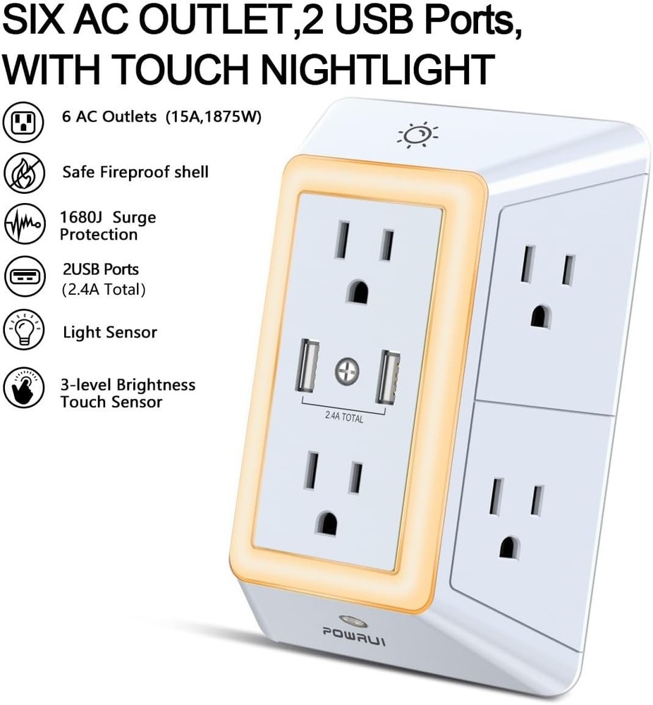 Stylish Grey 6-Outlet Extender with USB Ports & Smart Night Light Function