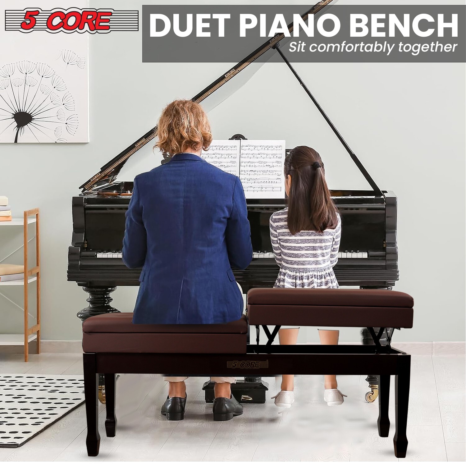 5 Core Duet Piano Bench 3.5 Inch Padded Cushioned Double Seater Wooden Stool