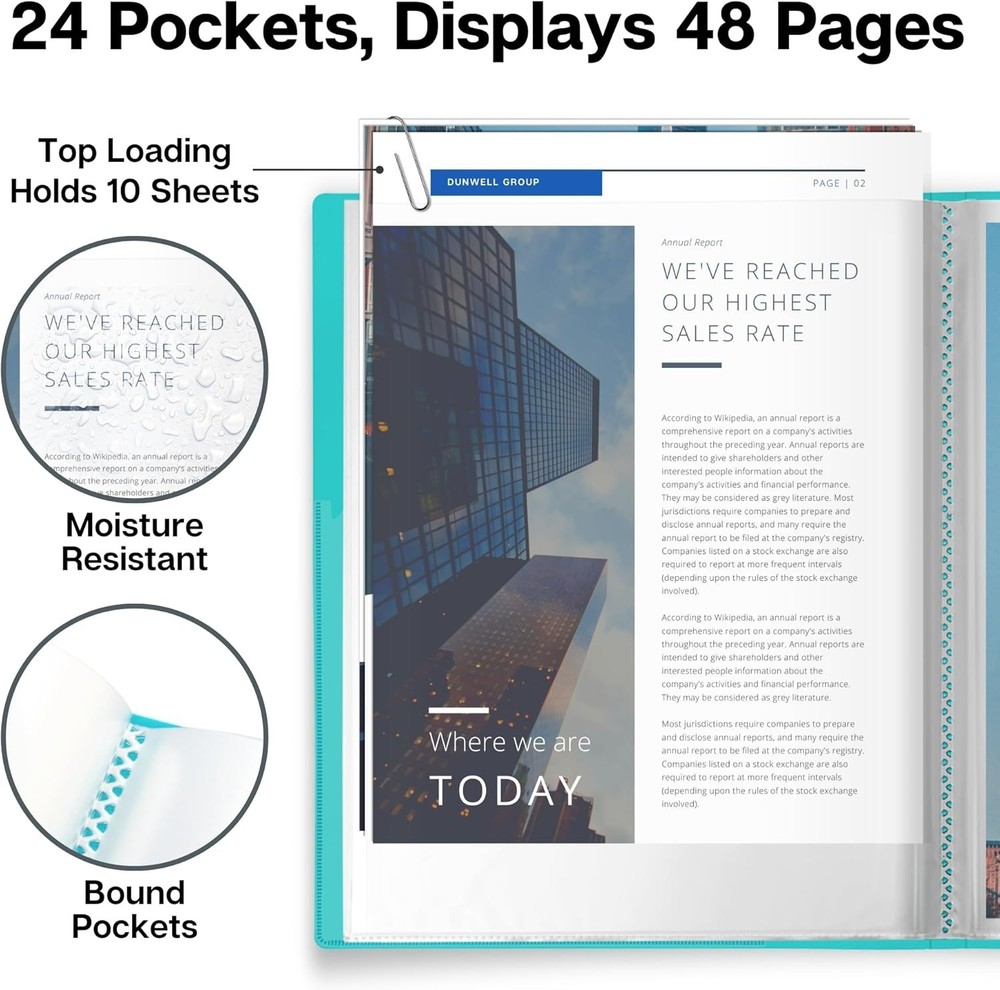 Customizable Aqua Document Binder with 24-Pockets for Professional Presentations