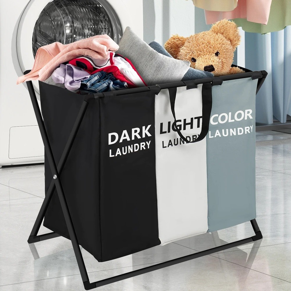 Foldable 3 Section Divided Large Laundry Hamper Basket for Dirty Clothes Storage