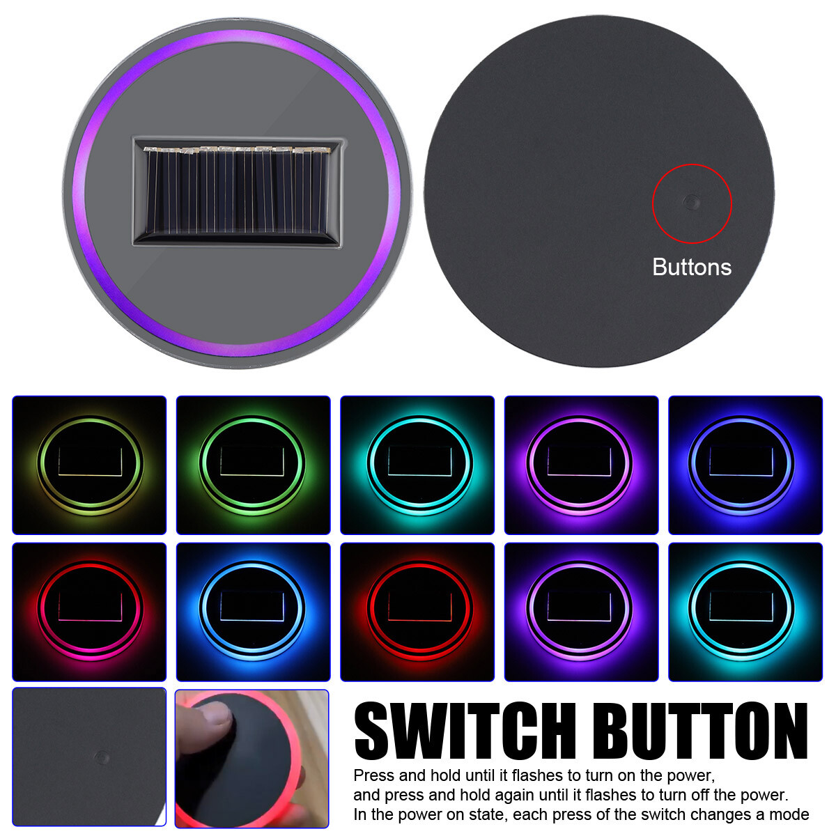 2pcs LED Solar Cup Pad Car Light Cover Interior Decoration Car Light Accessories