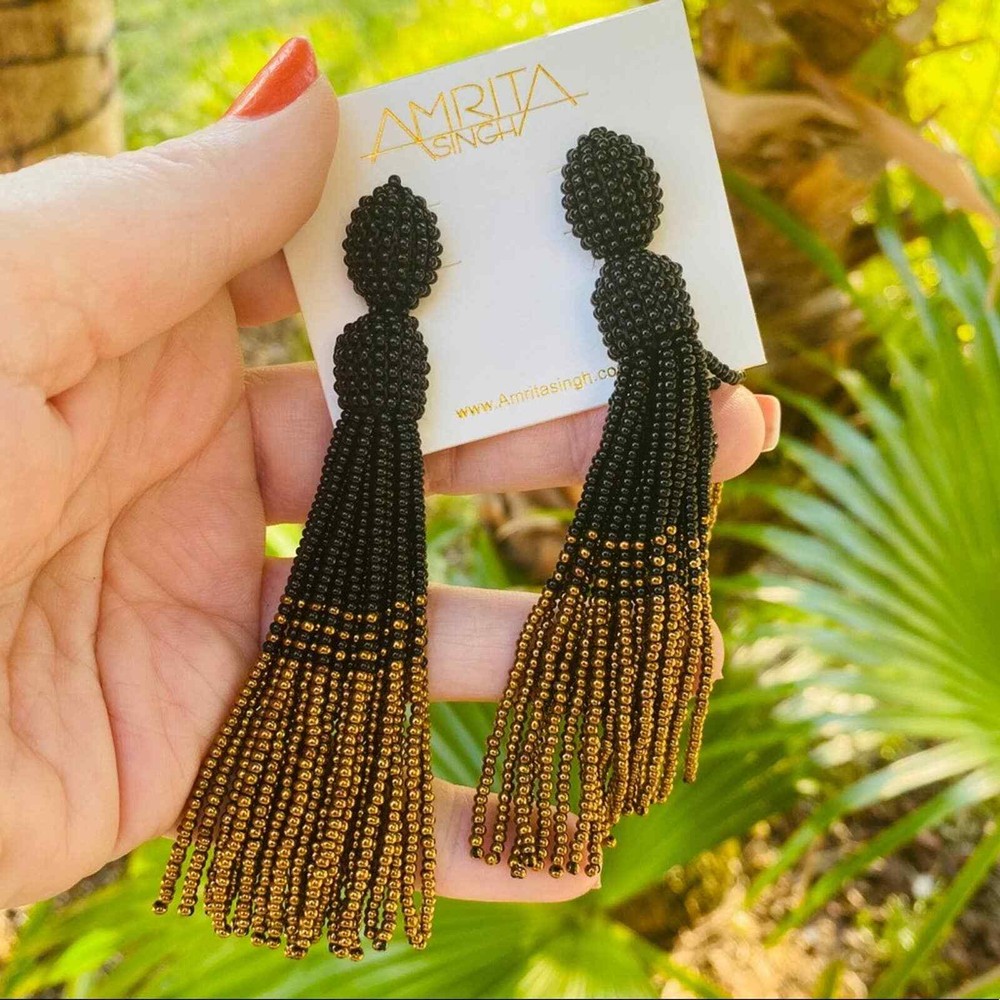 Black Gold Seed Bead Tassel Earring