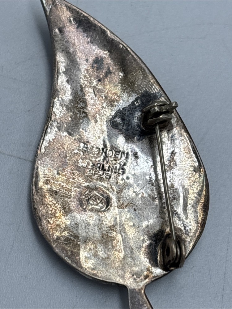 Leaf Shaped Mexican Abalone Shell Vintage Sterling Silver Brooch