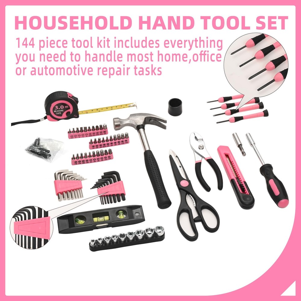 144-Piece Pink Tool Kit Basic Home Repair Set General 144-Piece,