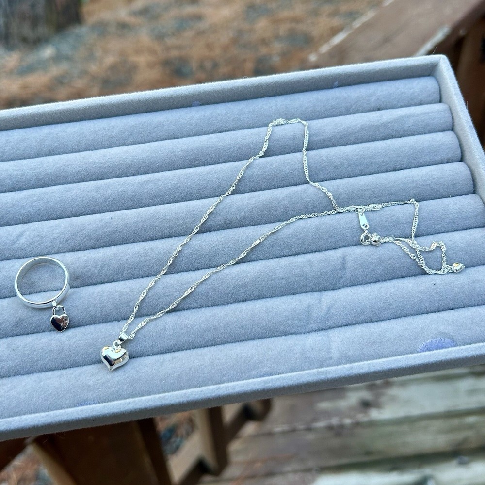Dangle Heart Ring SIZE 6 & Matching Necklace 925 Solid Sterling Silver Gift Set