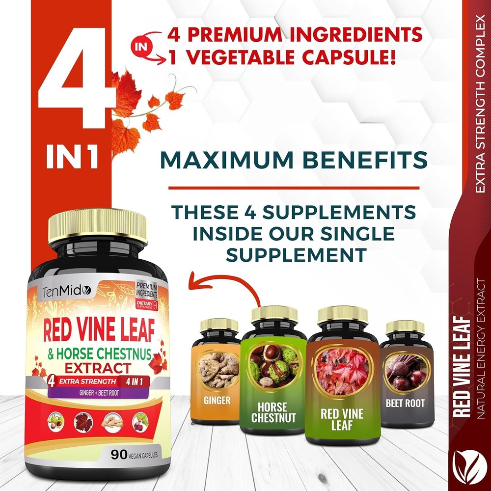 Red Vine Leaf Extract Capsules - with Horse Chestnut, Beet Root, Ginger -...