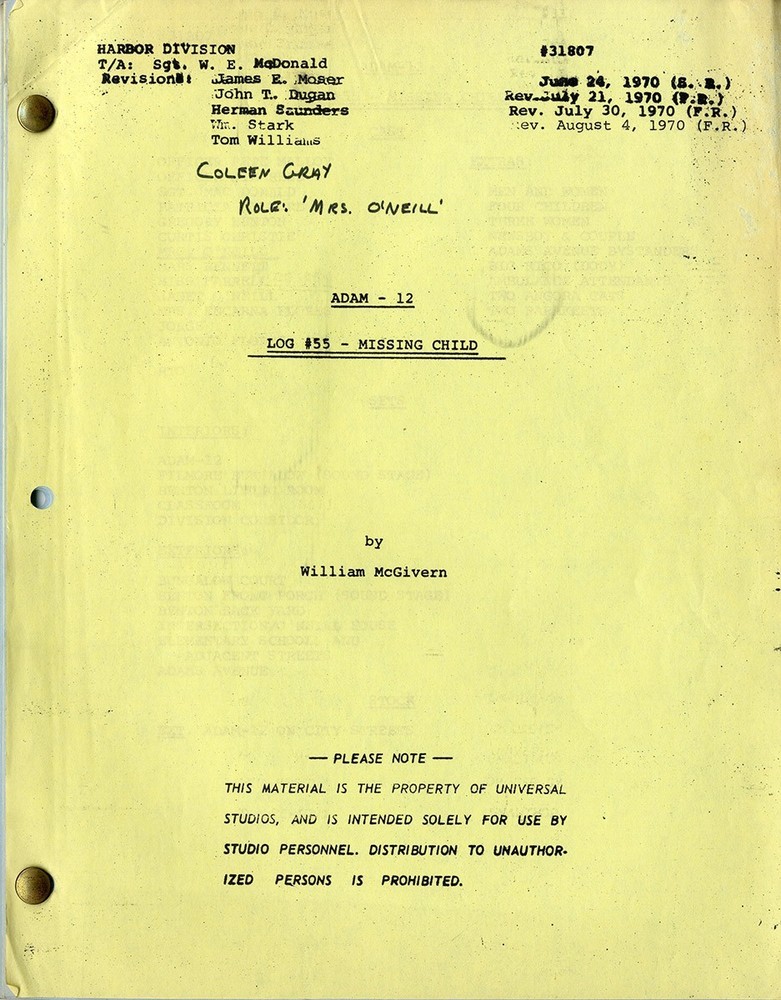 ADAM-12 - "Log #55 – Missing Child" (1970) Revised TV script
