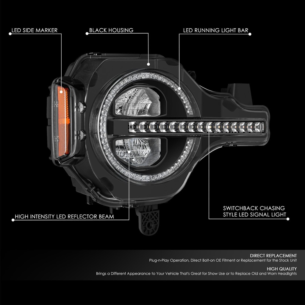 Black Start-up Sequential Switchback Full LED Headlights for 21-26 Ford Bronco