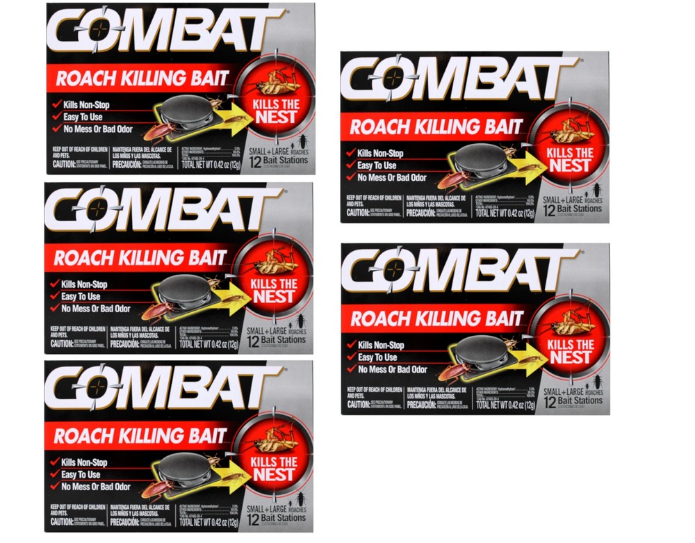 Combat Roach Killing Bait Stations for Small and Large Roaches, 12 Count 5 Pack