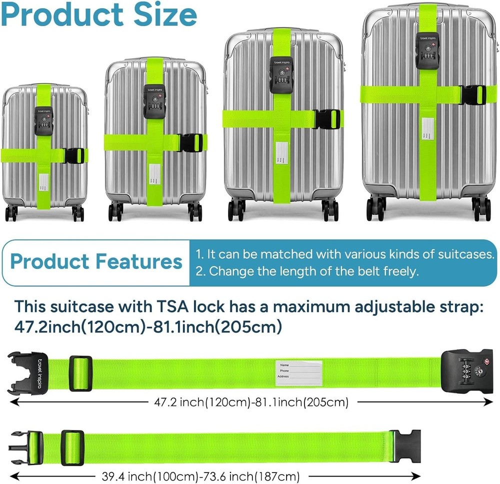3-Digit Combination Lock Luggage Straps, Green, 2 Pack