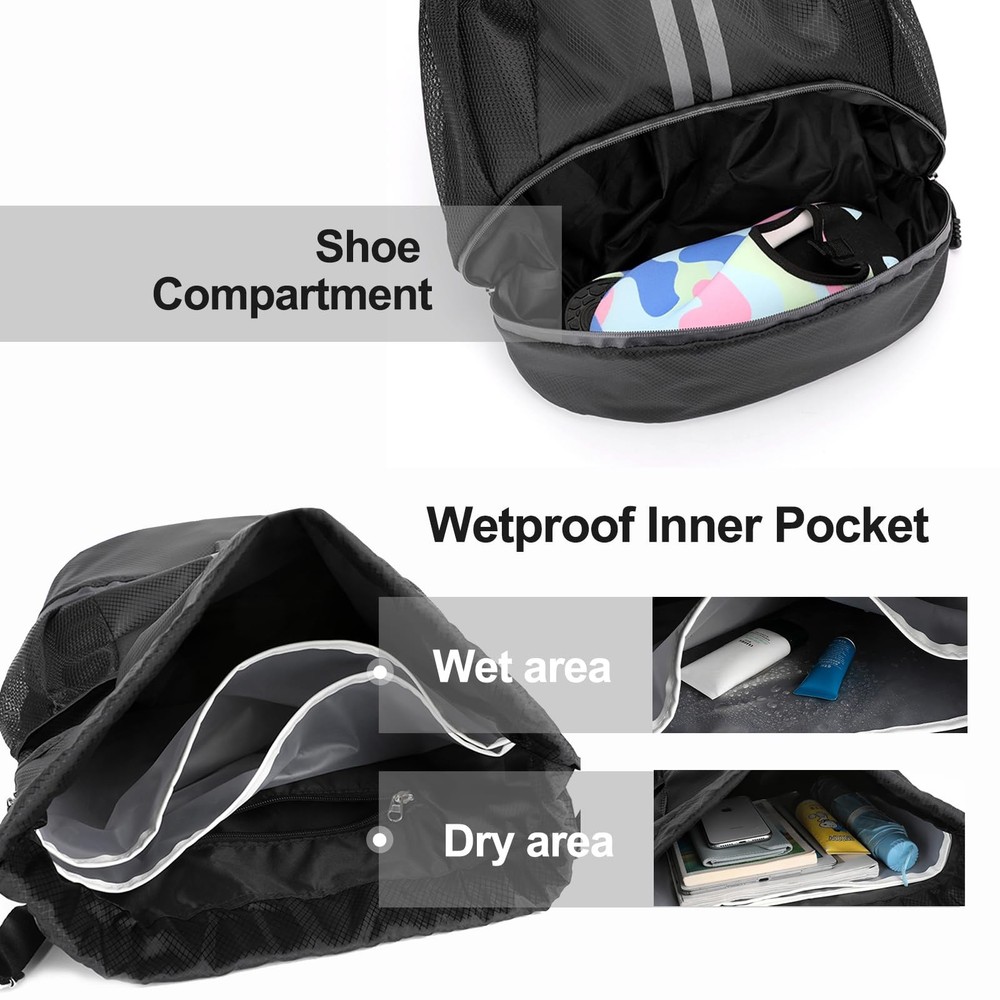Hoedia Sports Drawstring Backpack - String Swim Gym Bag with Large, Black