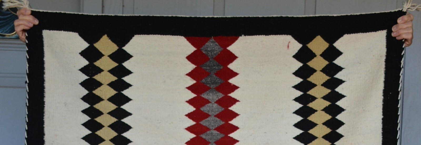 Old Navajo Rug - Red Black Tan Grey Vertical Bands on White Ground - 62 x 42.5