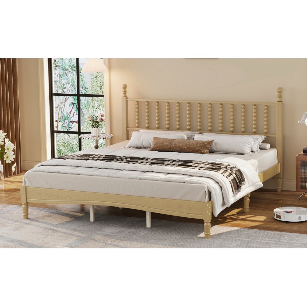 King Platform Bed Retro Frame With Gourd Headboard No Box Spring