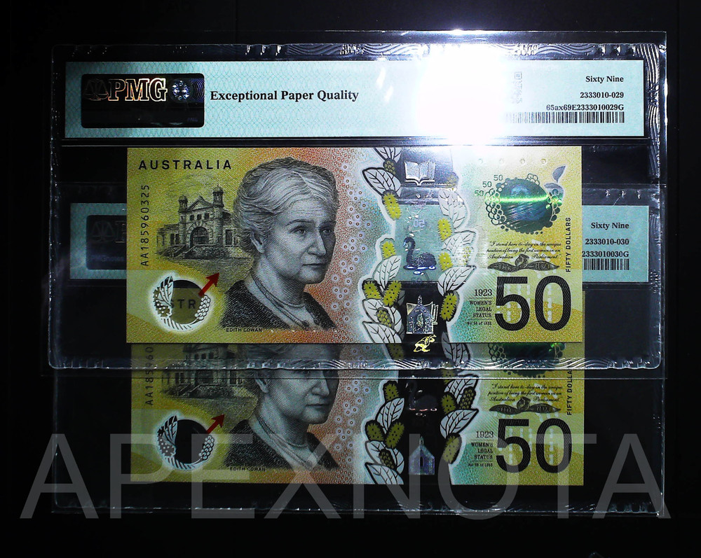 [MICROPRINT ERROR] AUSTRALIA $50 2018 P65ax PMG 69 SUPERB UNC SEQUENTIAL AA PAIR