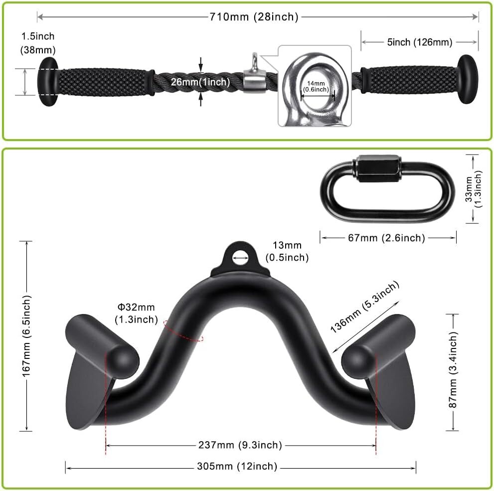 Cable Machine Attachments 28” Tricep Rope 12" LAT Pull Down Bars Cable Machin...