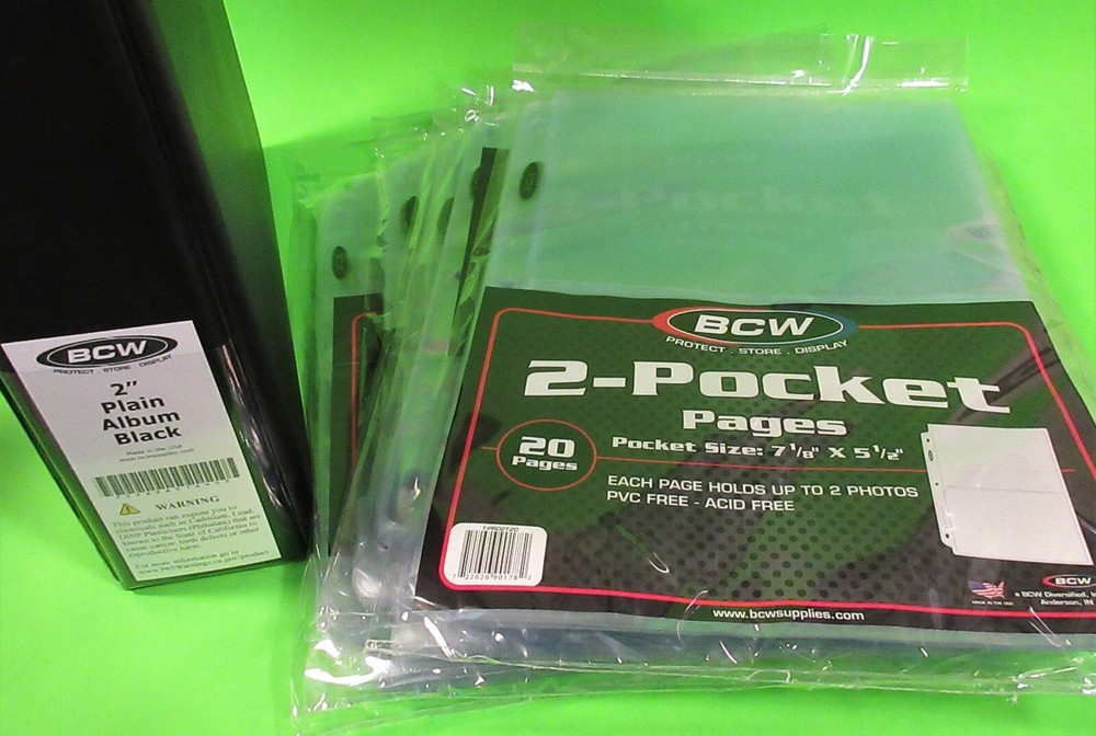 100 2-POCKET PAGES W/ FREE ALBUM, FOR COVERS, PHOTOS, POSTCARDS, ARCHIVAL SAFE